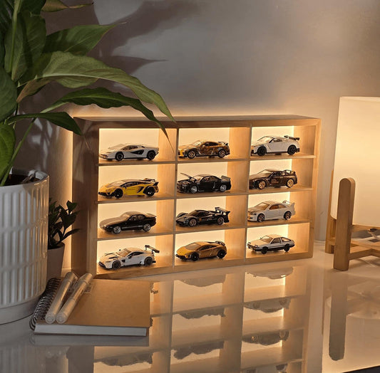 Wooden LED Display for Cars – Diecast Toy Car Stand, Lighting Display Rack for Kids Toys, Living Room, Balcony, Office Decor – Yellow (Without Toys) – Wooden Display for Diecast Cars - Wall Mounted