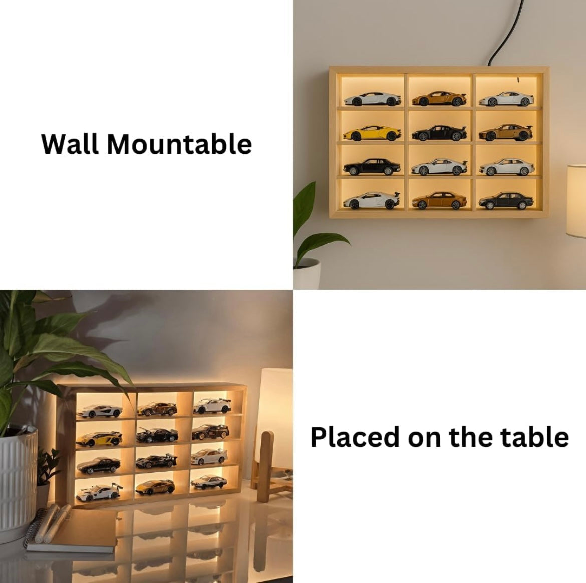 Wooden LED Display for Cars – Diecast Toy Car Stand, Lighting Display Rack for Kids Toys, Living Room, Balcony, Office Decor – Yellow (Without Toys) – Wooden Display for Diecast Cars - Wall Mounted