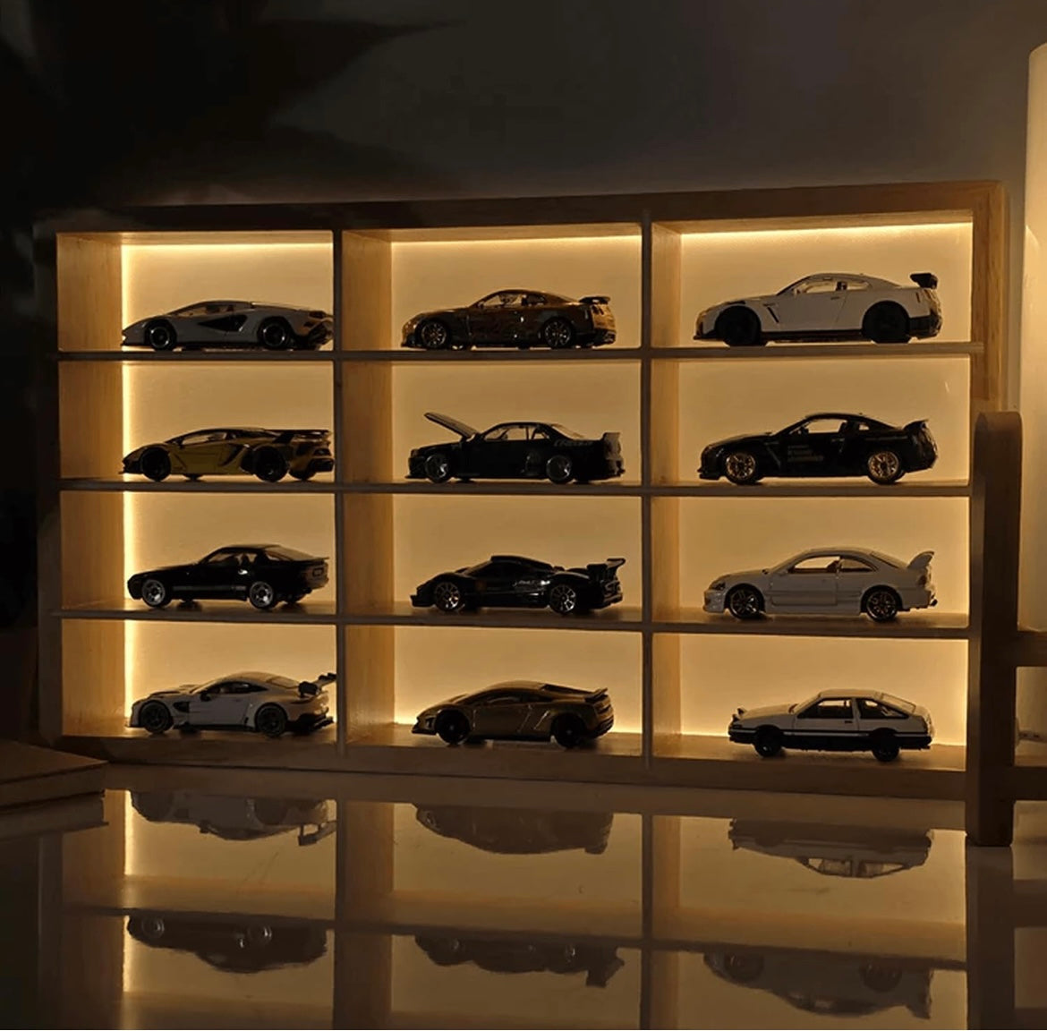 Wooden LED Display for Cars – Diecast Toy Car Stand, Lighting Display Rack for Kids Toys, Living Room, Balcony, Office Decor – Yellow (Without Toys) – Wooden Display for Diecast Cars - Wall Mounted