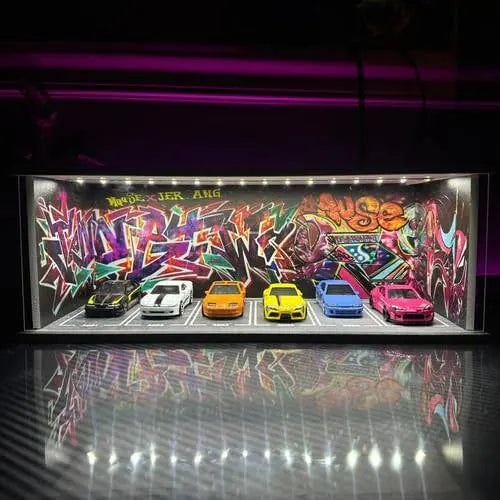 Graffiti Limited Edition Diorama Display Case – LED Lit Stackable Parking Garage for Scale Die-Cast Cars | Urban Street Style Collector Display.(Without Cars)